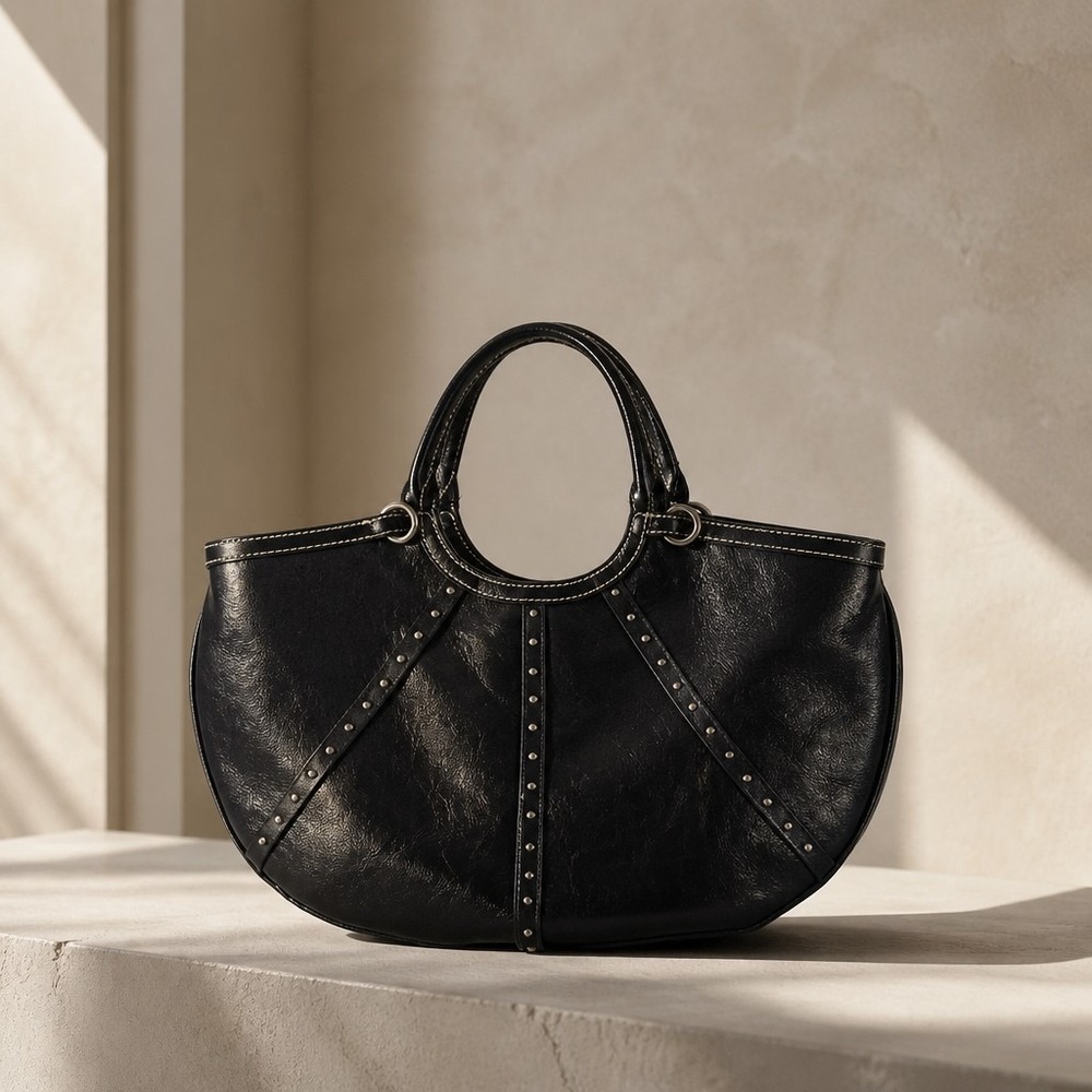 Maxx New York Black Studded Leather Hobo Shoulder Bag with Paisley Lining
